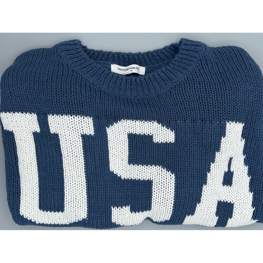 Grayson Threads Blue USA Graphic Knit Cropped Sweater Women's Size L